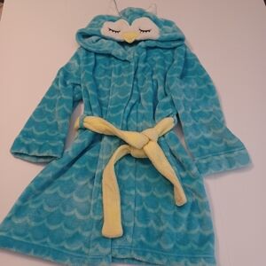Cat & Jack Blue/yellow Hooded Owl Fleece Robe Girls Sz 6/6X